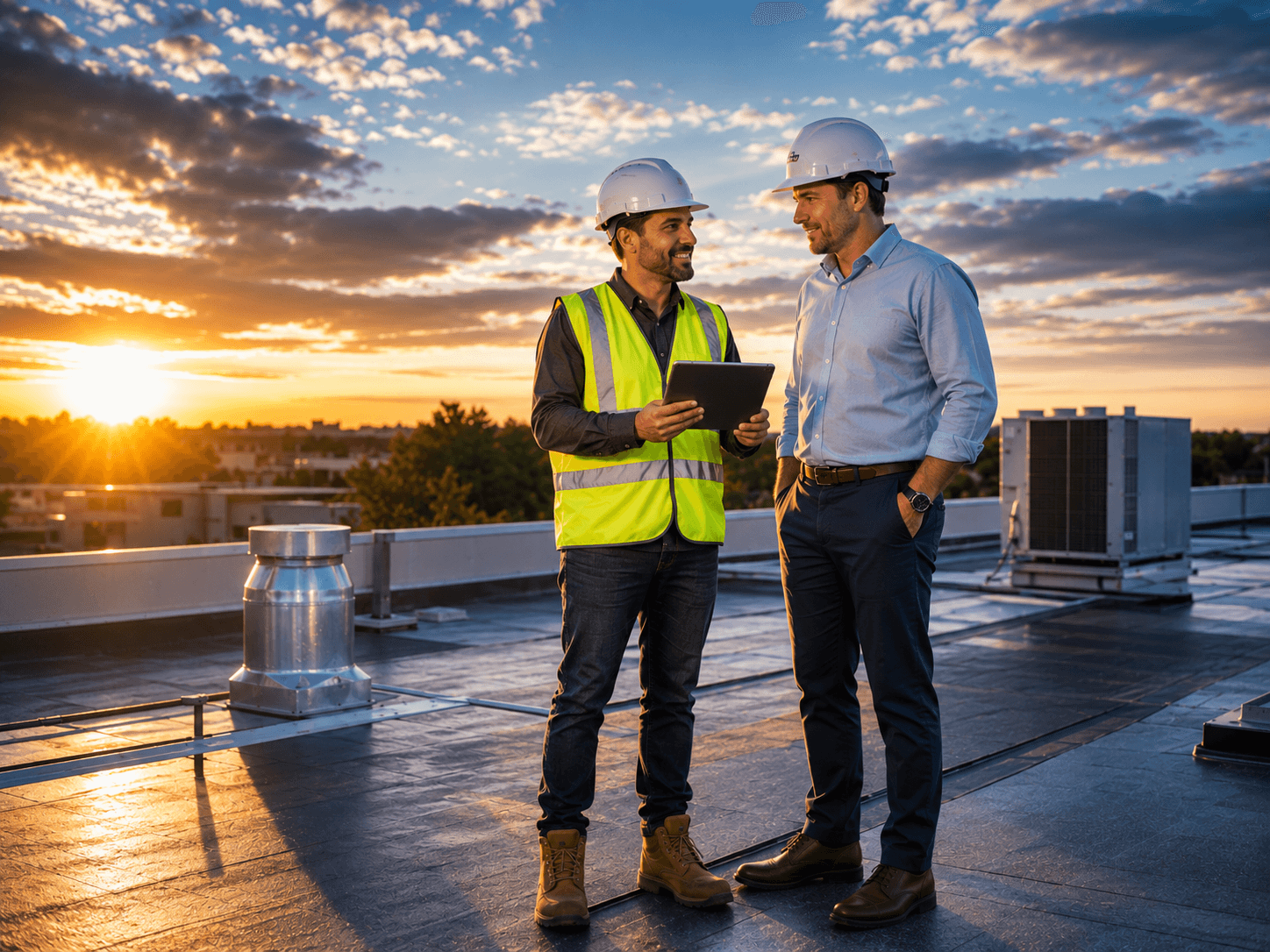 An eMGee specialist reviewing a commercial roof with a building owner at golden hour