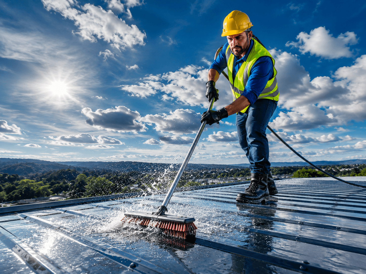 An eMGee crew washing and clearing a commercial roof under a blue sky