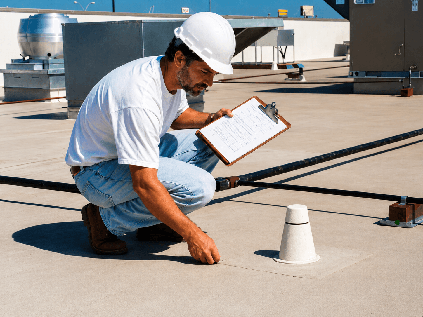 An eMGee technician inspecting a commercial roof with a checklist