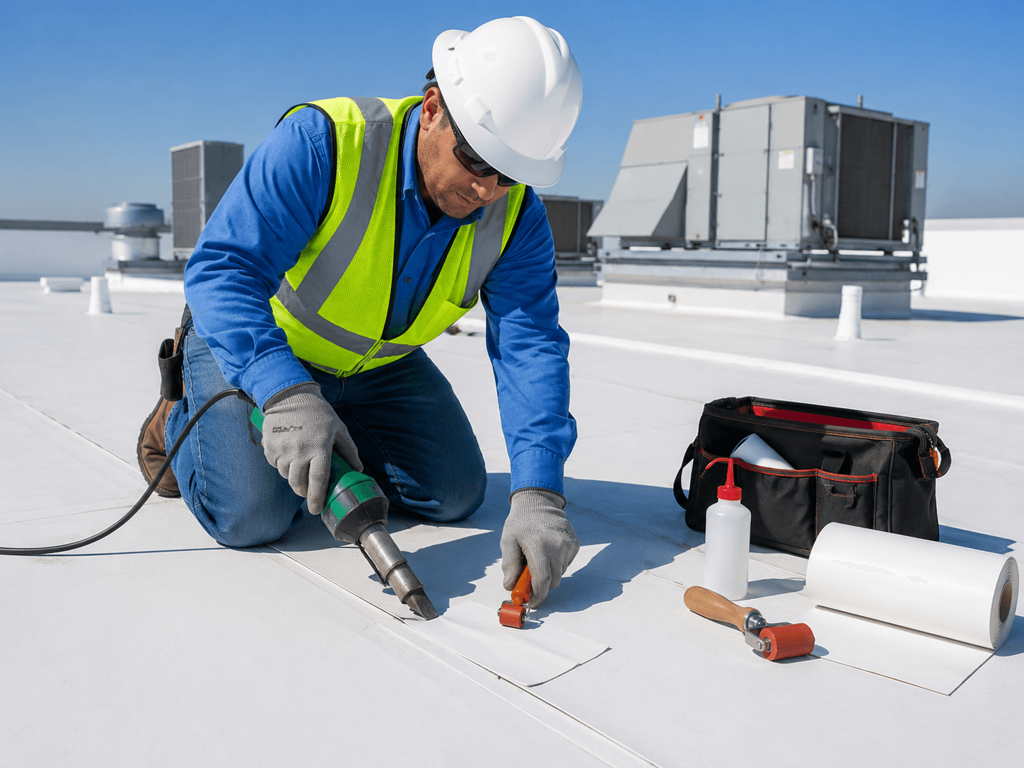An eMGee technician performing a membrane seam repair on a commercial roof